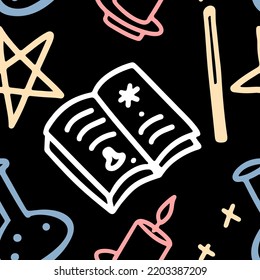 Line Doodle Pastel Magic Seamless Pattern With Magic Spell Book Isolated On Black Background