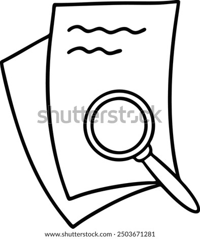 Line doodle research document icon. Magnify glass and paper sheets hand drawn vector illustration. Search, research, financial analysis, data audit, business review symbol
