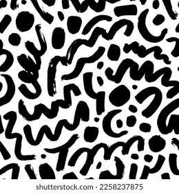 Line doodle seamless pattern with blobs. Hand drawn curved brush strokes and dots. Creative abstract style art background. Expressive seamless vector pattern. Messy doodles, bold curvy lines.