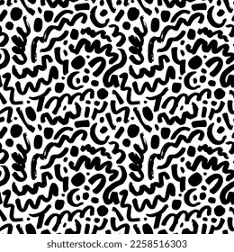 Line doodle seamless pattern with blobs. Hand drawn curved brush strokes and dots. Creative abstract style art background. Expressive seamless vector pattern. Messy doodles, bold curvy lines.