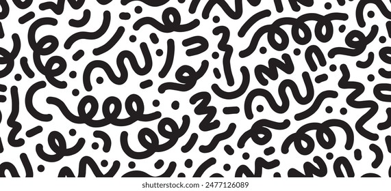 line doodle seamless pattern for kids birthday party or celebration background, trendy design with scribble shapes on black backdrop.