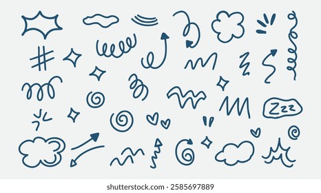 line doodle set, speech bubble elements, line, arrow, spiral, abstract shape. Vector illustration