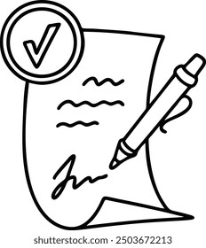 Line doodle signing contract icon. Sketch vector illustration. Pen signature on sheet of paper. Document sign. Work application form. Business agreement and deal