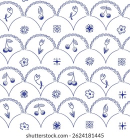 Línea doodle simple ornamento con bayas de cereza, flores y Elementos decorativos, Vector sin patrón