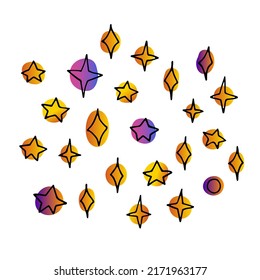Juego de espacio de doodle de línea. Estrella dibujada a mano aislada de fondo blanco. Objeto astronómico de color. Signo de tipo Universo. Imagen de la noche mágica. Astronomía, astrología, símbolo cosmos. Ilustración de la ciencia del vector