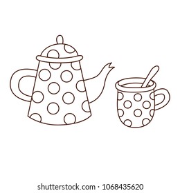 Line doodle teapot and tea cup with polka dot vector set