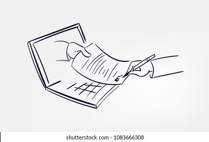line doodle vector sketch design sign contract electronic laptop hand pen