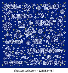 Line doodle winter sport illustration. Line lettering with elements. Running concept