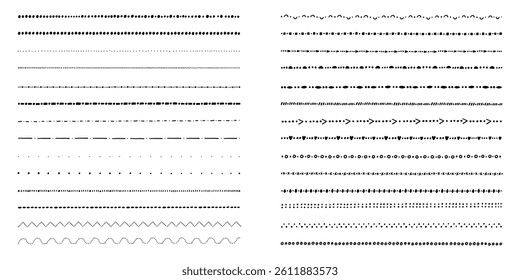 Line Dot Border Straight Divider Set. Hand Drawn Dash Dotted Sign Element Collection. Vector Doodle Illustration