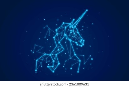 Línea y punto unicornio de un cielo estrellado nocturno. Consiste en punto y líneas. Diseño de estilo de triángulo y partícula.ilustración vectorial.