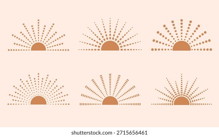 Line, dotted rays half sun, sunburst, sunrise, sunset decorative symbols. Bohemian style groovy vector shapes, illustrations, icons for card, poster, banner, logo.