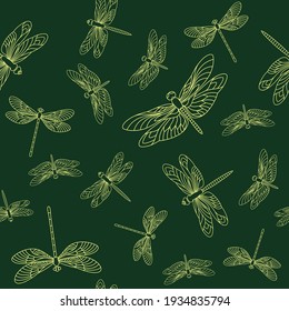 line Dragonfly Pattern Vector in Dark Backgound. Seamless Pattern for Decoration and Background