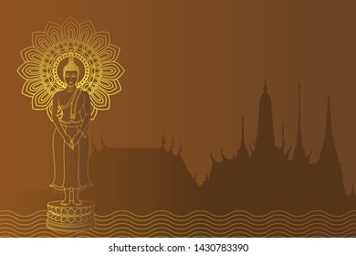 Line Draw Buddha stand on lotus with the river and temple background