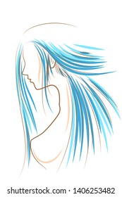 Line draw color vector side view long hair girl