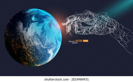 The line draw hand click on the earth. Abstract vector technology business background.