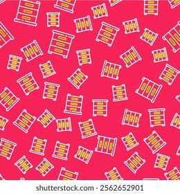 Line Drawer with documents icon isolated seamless pattern on red background. Archive papers drawer. File Cabinet Drawer. Office furniture.  Vector