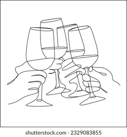 Line drawin wine glasses vector. Cheers Wine Friends one line.