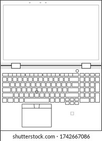 Line drawing of a 15 inch laptop opened out flat.