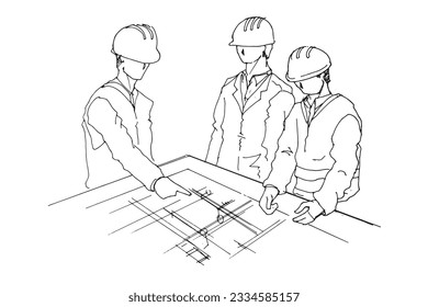 line drawing 3 engineers discussing work ,a line drawing Using interior architecture, assembling graphics, working in architecture, and interior design
