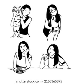 line drawing 4 women Black and white stripes style on a white background.