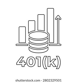 A line drawing of a 401(k) plan icon with a stack of coins and a growing bar graph