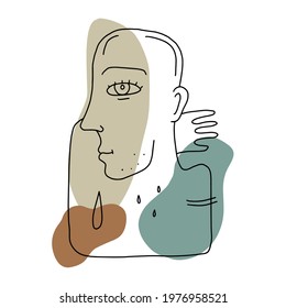 line drawing abstract face. Cubism, surrealism, contemporary art. Modern trendy elements isolated on white background. Hand drawn vector illustration of a man