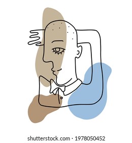 line drawing abstract face. Cubism, surrealism, contemporary art. Modern trendy elements isolated on white background. Hand drawn vector illustration of a man