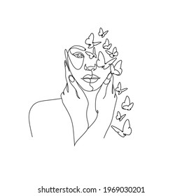 Line Drawing. Abstract face with flowers and butterfly by one line drawing. Minimalist continuous line art. Woman line art. Beauty salon logo. Botanical print. Nature symbol of cosmetics.