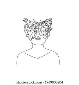 Line Drawing. Abstract face with flowers and butterfly by one line drawing. Minimalist continuous line art. Woman line art. Beauty salon logo. Botanical print. Nature symbol of cosmetics.