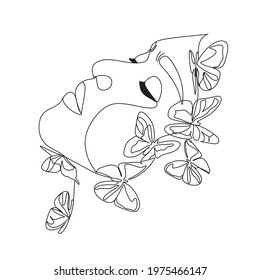 Line Drawing. Abstract face with flowers and butterfly by one line drawing. Modern continuous line art. Women line art. Beauty salon logo. Coloring book. Botanical print. Nature symbol of cosmetics.