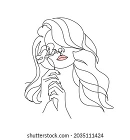 Line Drawing. Abstract face with flowers and butterfly by one line drawing. Modern continuous line art. Women line art. Beauty salon logo. Coloring book. Botanical print. Nature symbol of cosmetics.