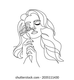 Line Drawing. Abstract face with flowers and butterfly by one line drawing. Modern continuous line art. Women line art. Beauty salon logo. Coloring book. Botanical print. Nature symbol of cosmetics.