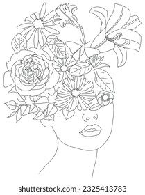 Dibujo de línea. Abstracta la cara con flores y mariposa dibujando en línea. Arte de línea moderna. Arte de línea femenino. Logo del salón de belleza. Libro de colorear. Huella botánica. Símbolo natural de los cosméticos.