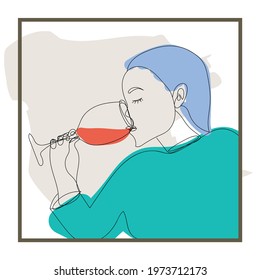 Line Drawing Abstract Wine Woman Face. Modern Line Art, Female Portrait, Aesthetic Contour. Great For Poster, Wall Art, Tote Bag, T-shirt Print, Sticker, Logo. Vector