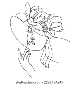 Line Drawing. Abstract woman face with flowers  by one line drawing. 