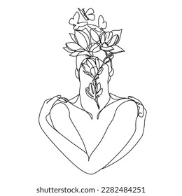 Line Drawing. Abstract woman face with flowers  by one line drawing. 