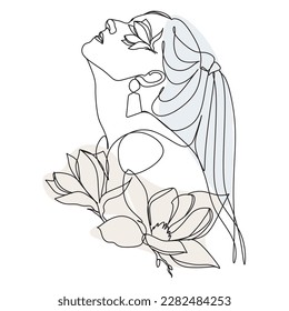 Line Drawing. Abstract woman face with flowers  by one line drawing. 