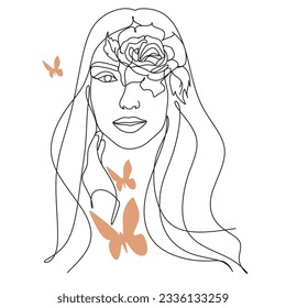 Line Drawing. Abstract woman face with flowers and butterfly by one line drawing. Modern continuous line art