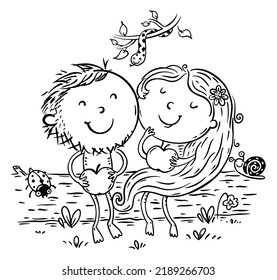 Line Drawing Of Adam And Eve With Apples In Paradise. Bible Story Scene: First Man And Woman In Garden Eden