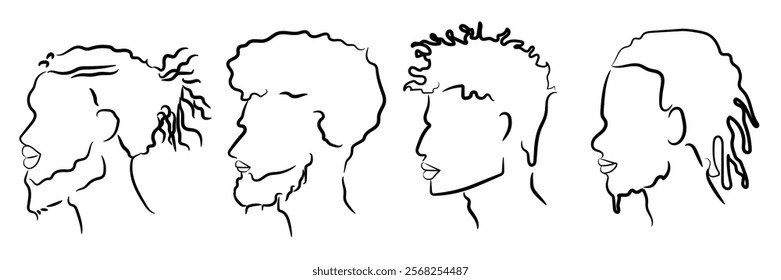 Line Drawing of African American Men. Abstract Vector Illustration Art of Male Afro American Faces with Type C Hair and Beard, Outline for Logo.