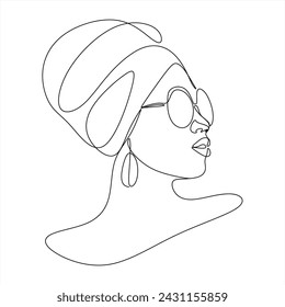 Line drawing of an African woman wearing a turban. African model with beautiful skin posing in the studio.