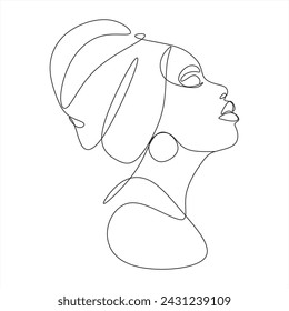 Line drawing of an African woman wearing a turban. African model with beautiful skin posing in the studio.