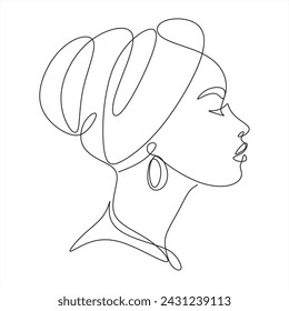 Line drawing of an African woman wearing a turban. African model with beautiful skin posing in the studio.