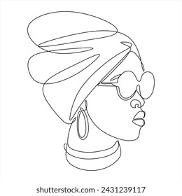 Line drawing of an African woman wearing a turban. African model with beautiful skin posing in the studio.