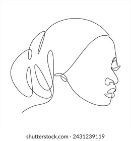 Line drawing of an African woman wearing a turban. African model with beautiful skin posing in the studio.