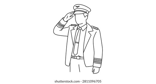 Line drawing of an airline pilot wearing a uniform and hat giving a salute Vector, illustration