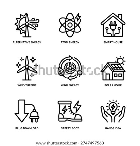 Line Drawing Alternative Energy Icon Set Black and White Outline Style