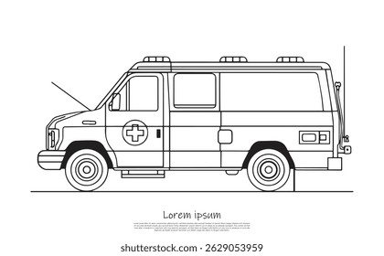 Line drawing of an ambulance with its hood up, revealing the engine. Side view showcases tires, windows, and emergency equipment on white.