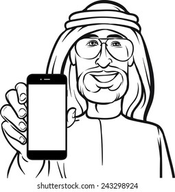 line drawing of a arab man showing a mobile app on a smart phone