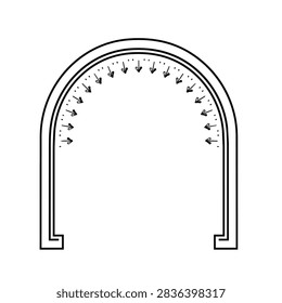 A line drawing of an arched doorway or structural opening featuring a dotted inner curve with arrows pointing inward towards the center space.